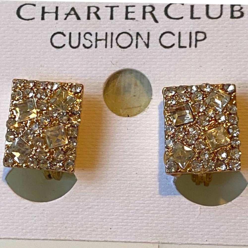 Charter Club Gold and Crystal Pave Cushion Clip Earrings
